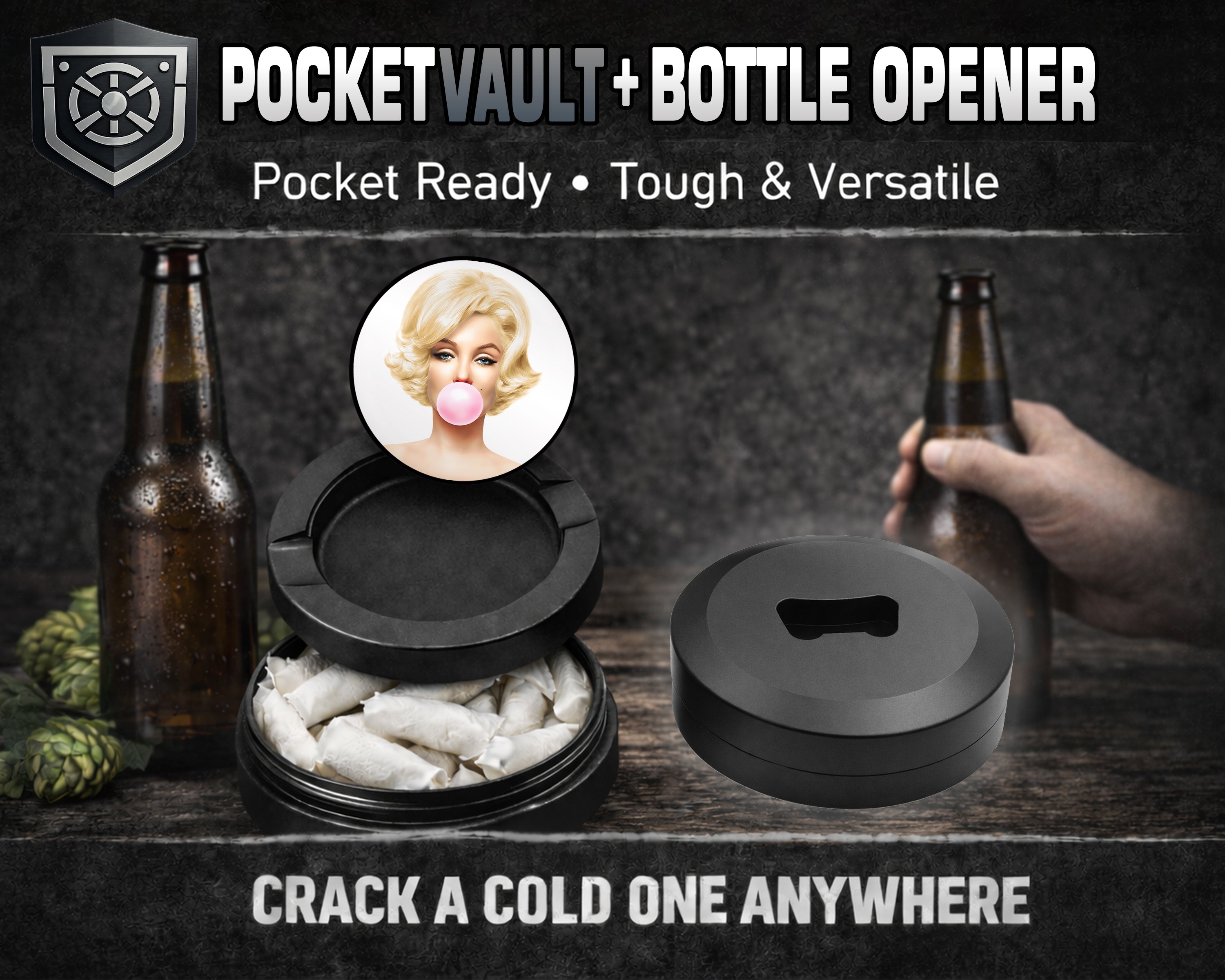 Marilyn Monroe with Pink Bubble Gum Snus Storage Case Bottle Opener