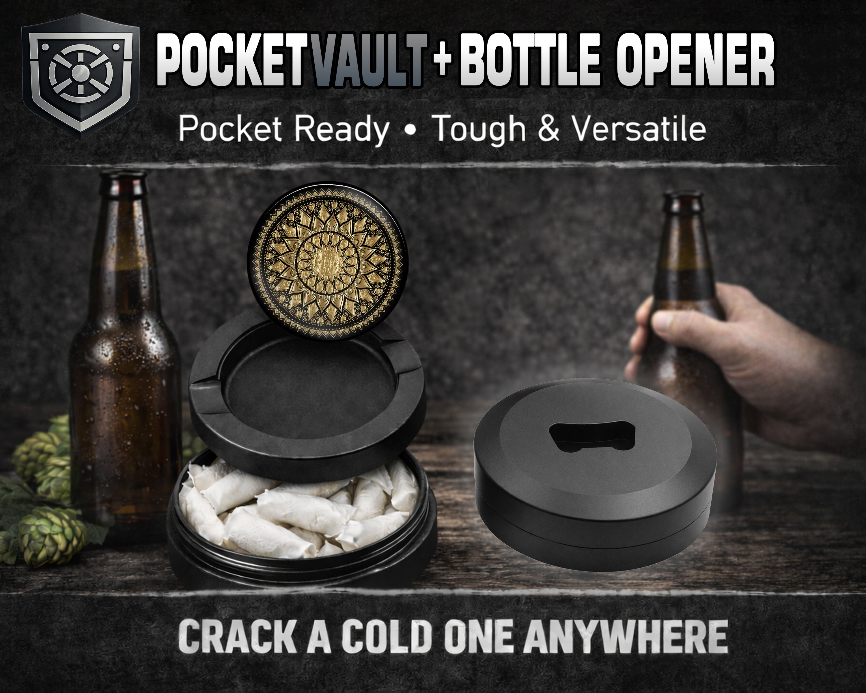 Mandala Grinder Black And Gold Snus Storage Case Bottle Opener