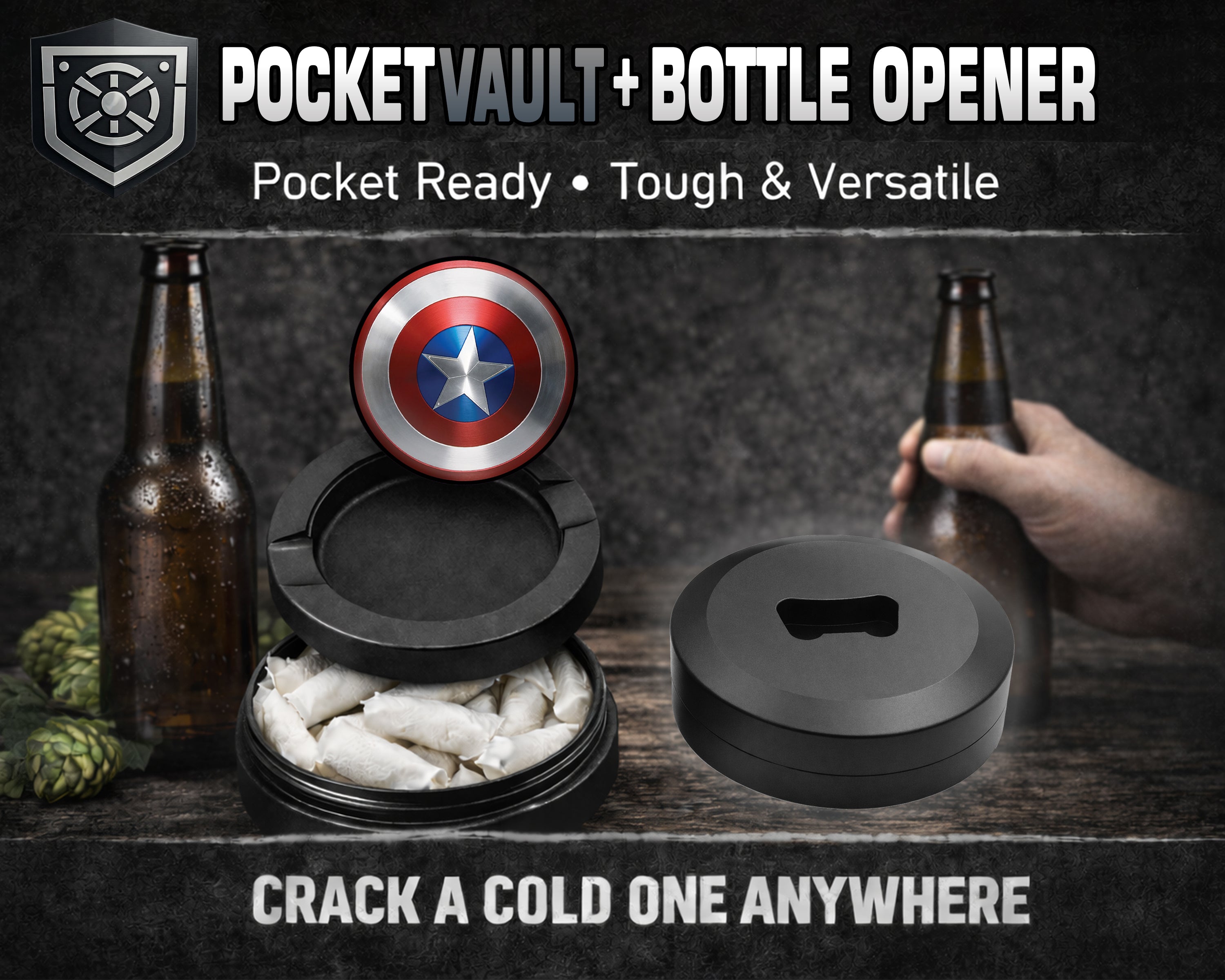 Captain Shield Superhero Comic Art Emblem Snus Storage Case Bottle Opener