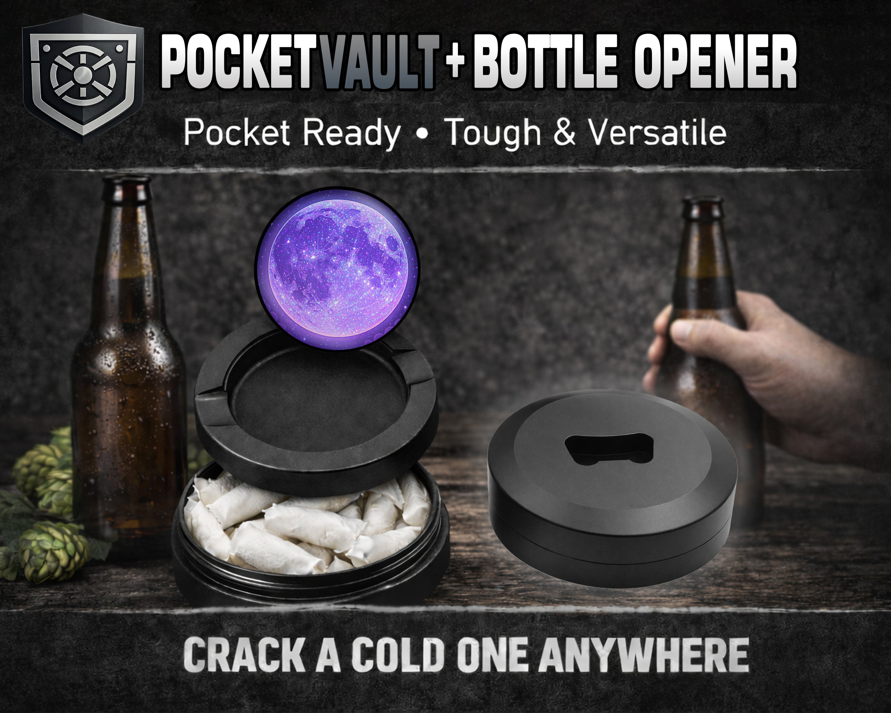 Purple Galaxy Moon with Starscape Snus Storage Case Bottle Opener