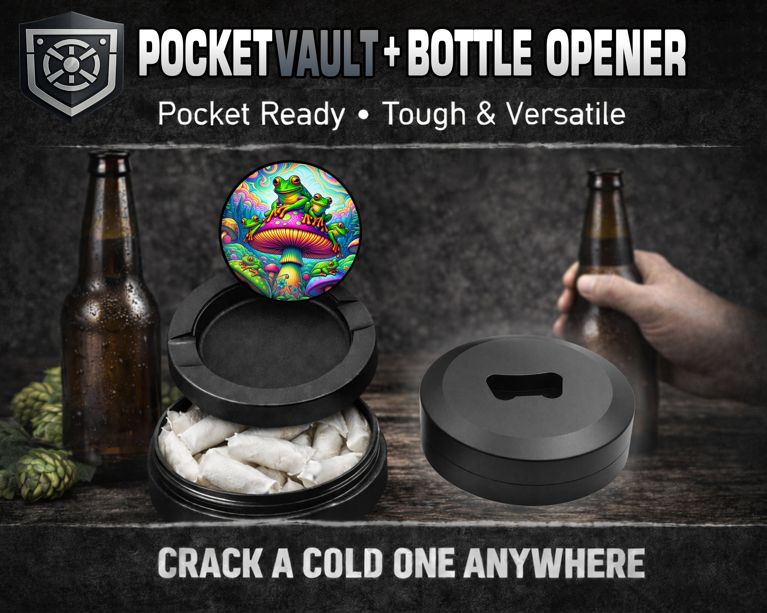 Trippy Mushroom Frog Snus Storage Case Bottle Opener