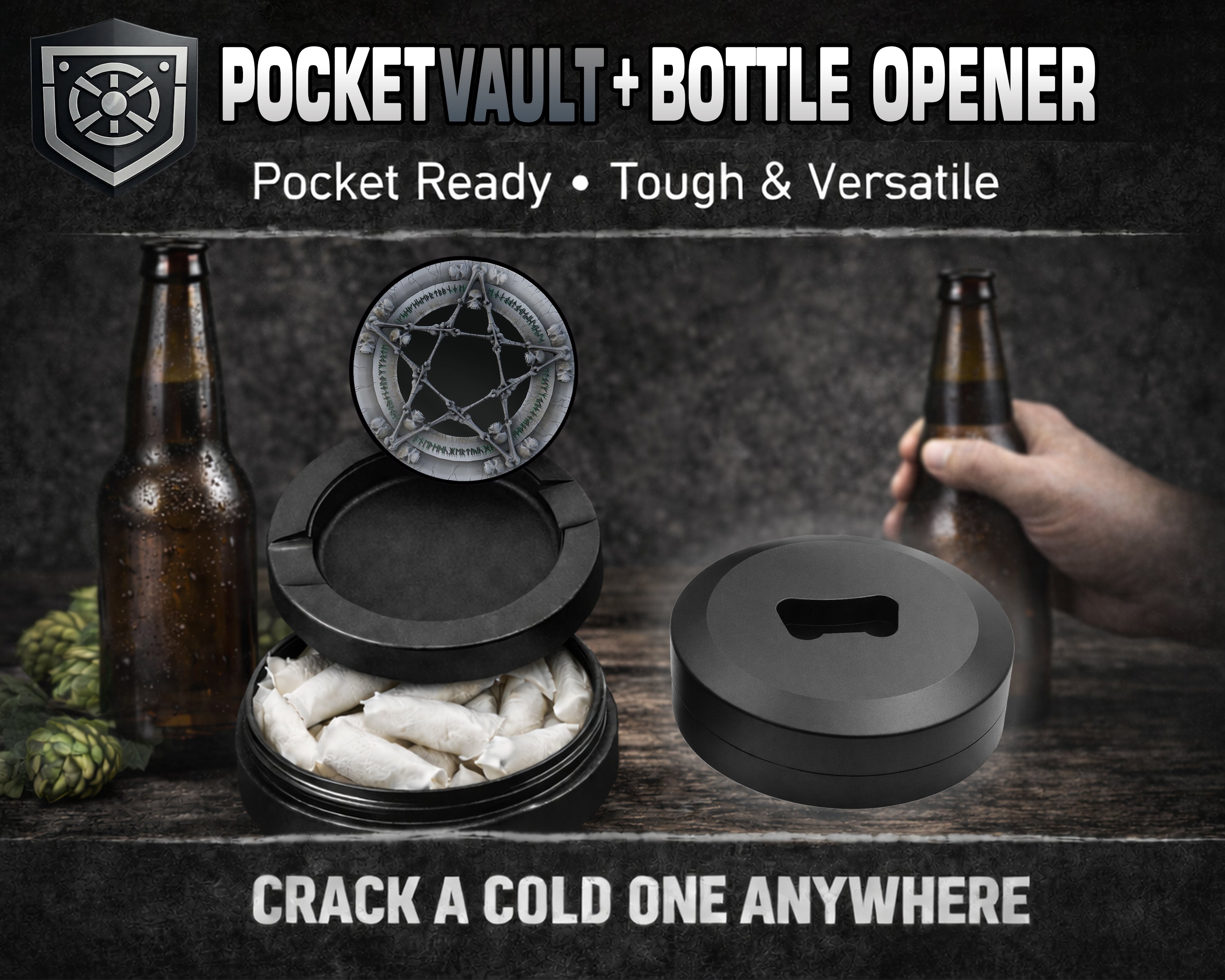 Skull & Bones Pentagram Snus Storage Case Bottle Opener