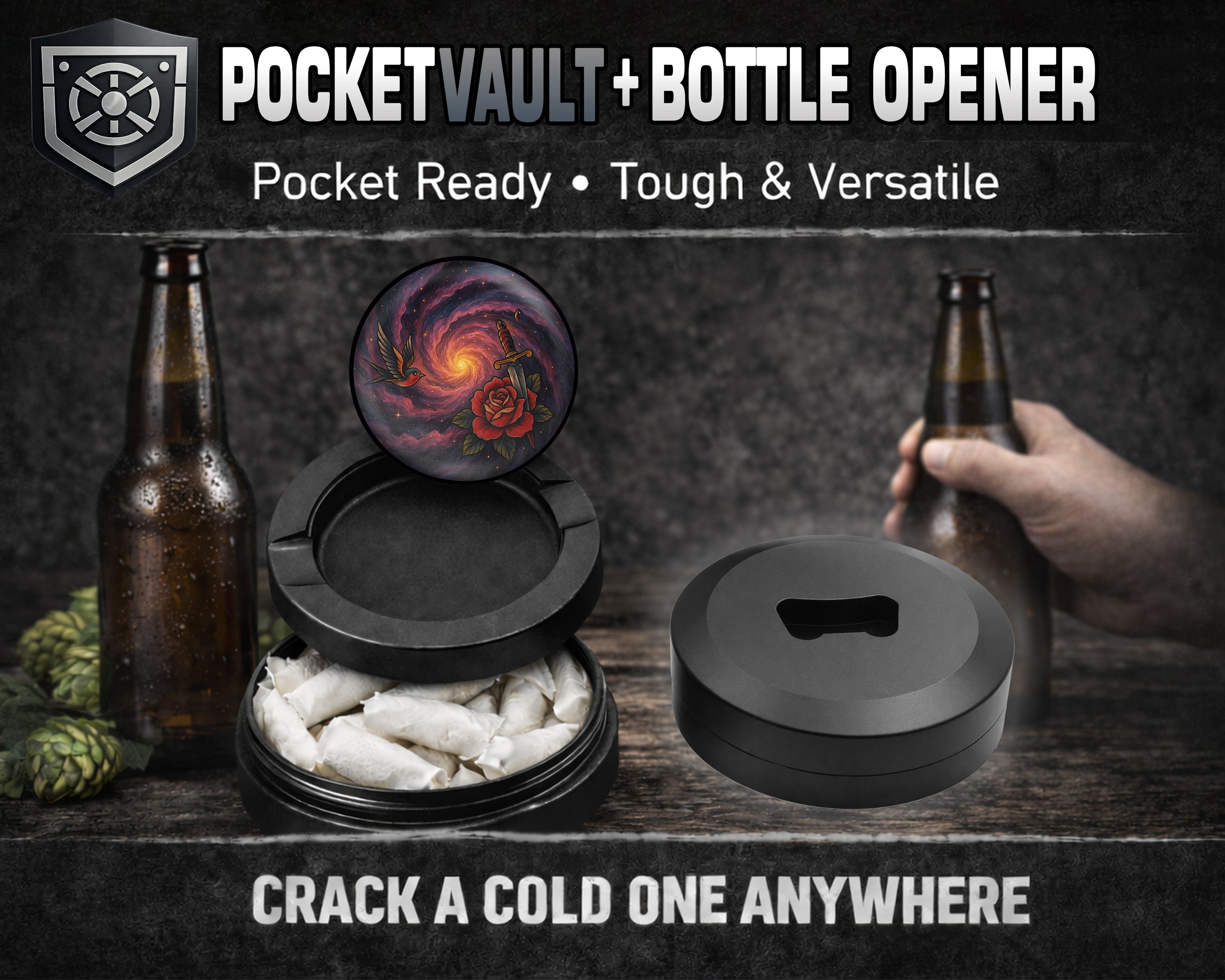 Black Hole Galaxy Spiral with Red Rose Snus Storage Case Bottle Opener