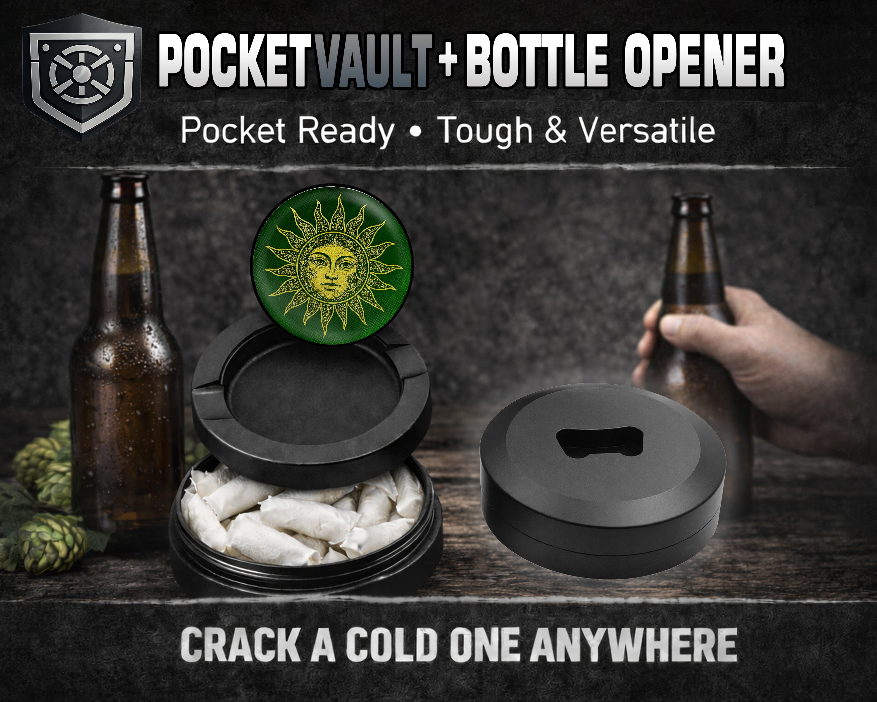Golden Intricate Sun Snus Storage Case Bottle Opener