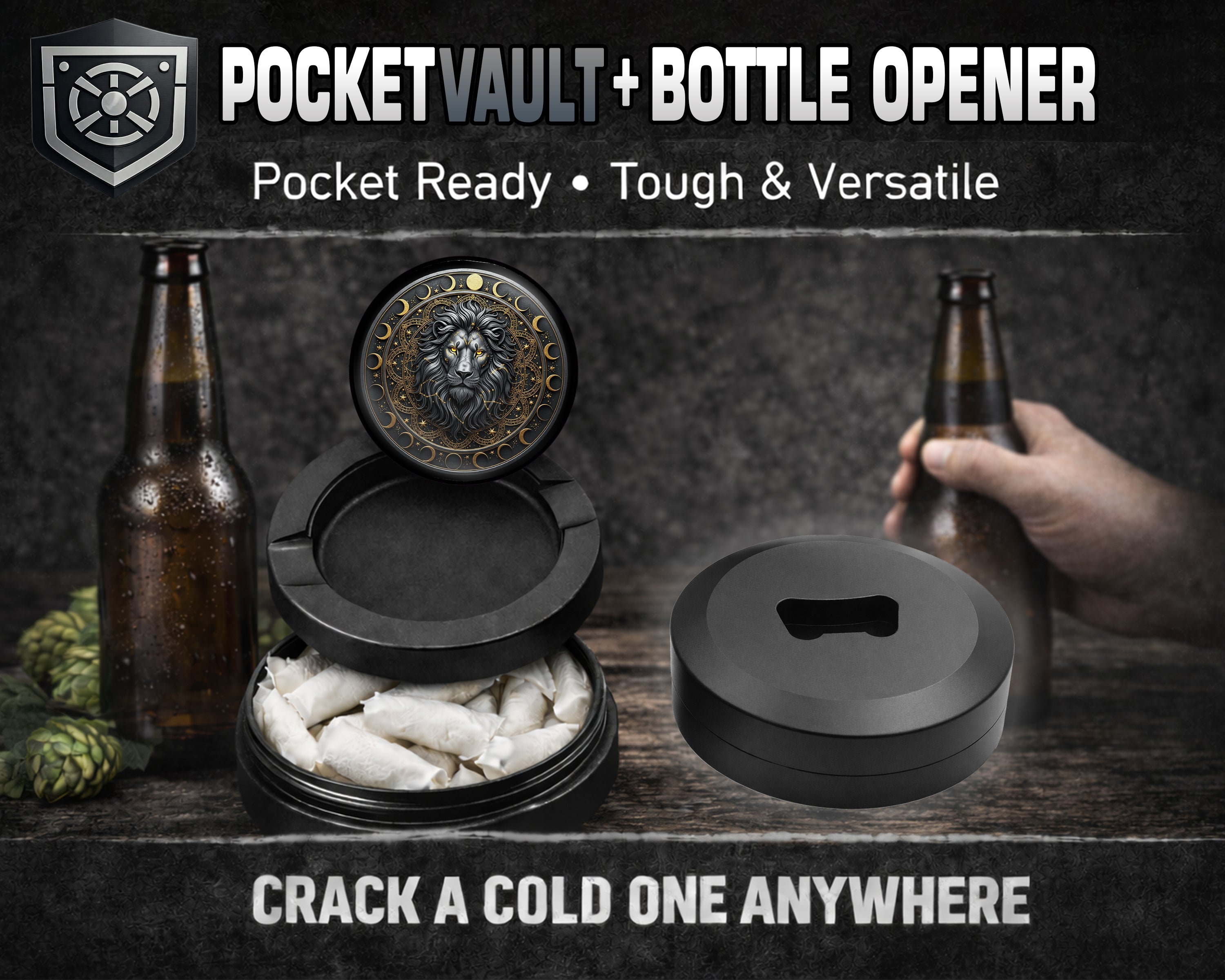 Celestial Moonphase Lion Crest Snus Storage Case Bottle Opener