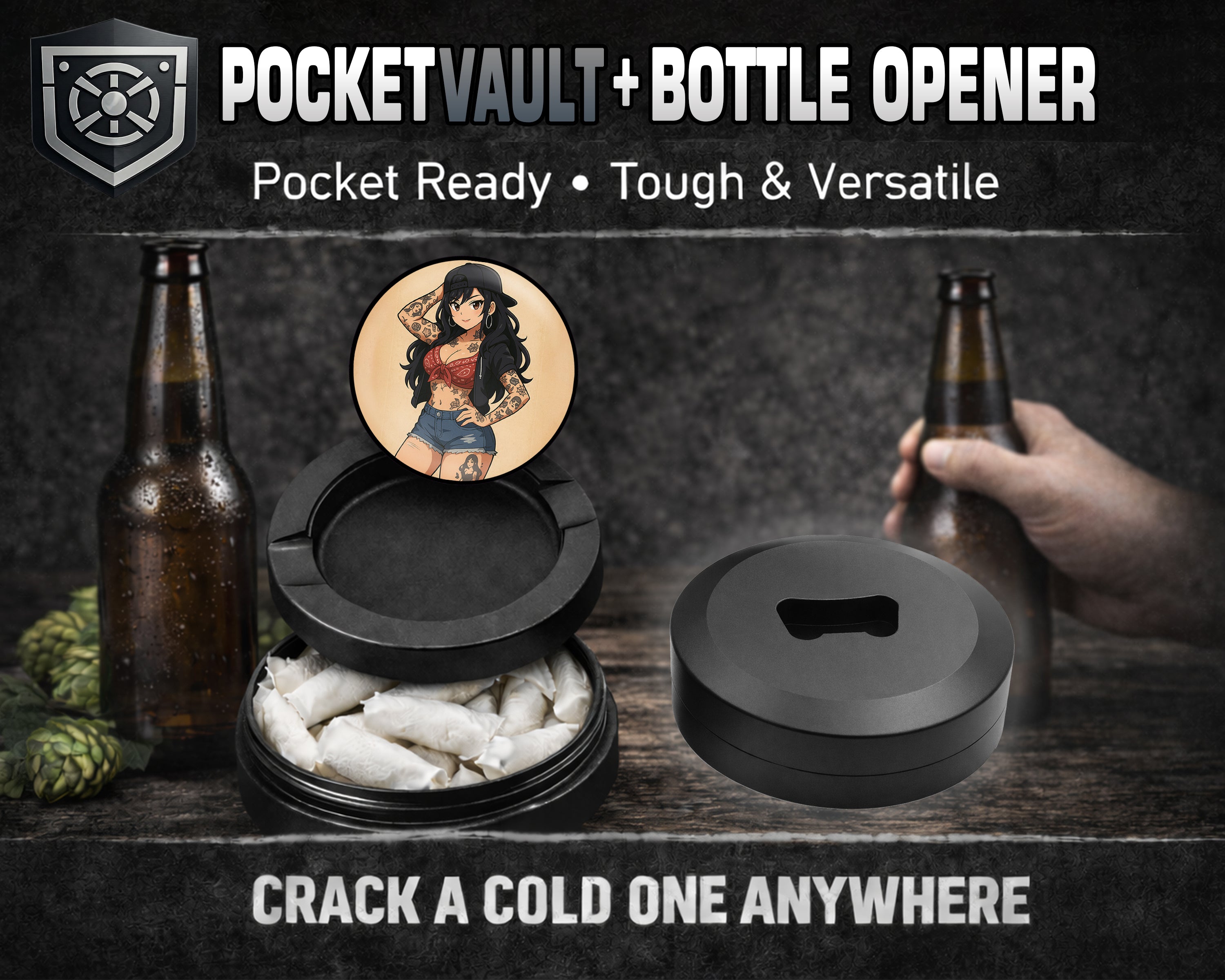 Anime Retro Pin-Up Girl with Long Hair and Tattoos Snus Storage Case Bottle Opener