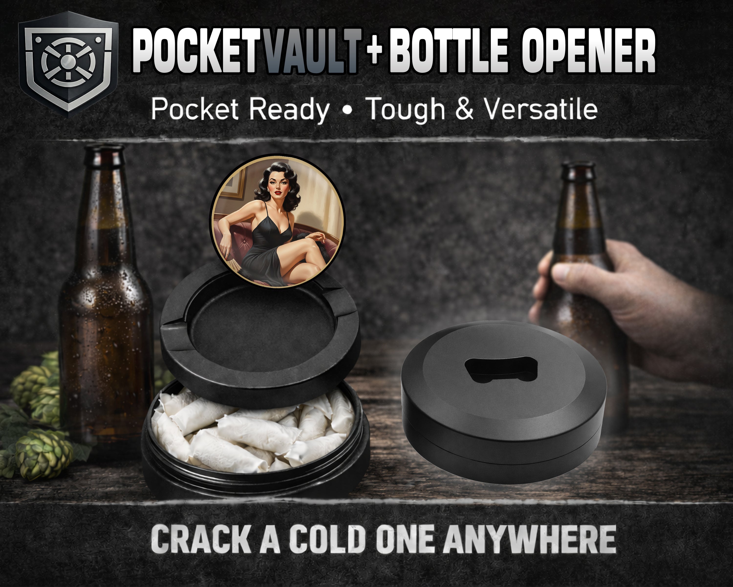 Sultry Vintage Glamour Muse Snus Storage Case Bottle Opener