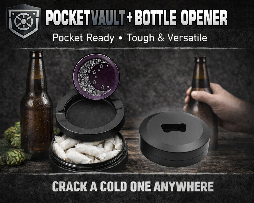Purple Crescent Moon and Stars Snus Storage Case Bottle Opener