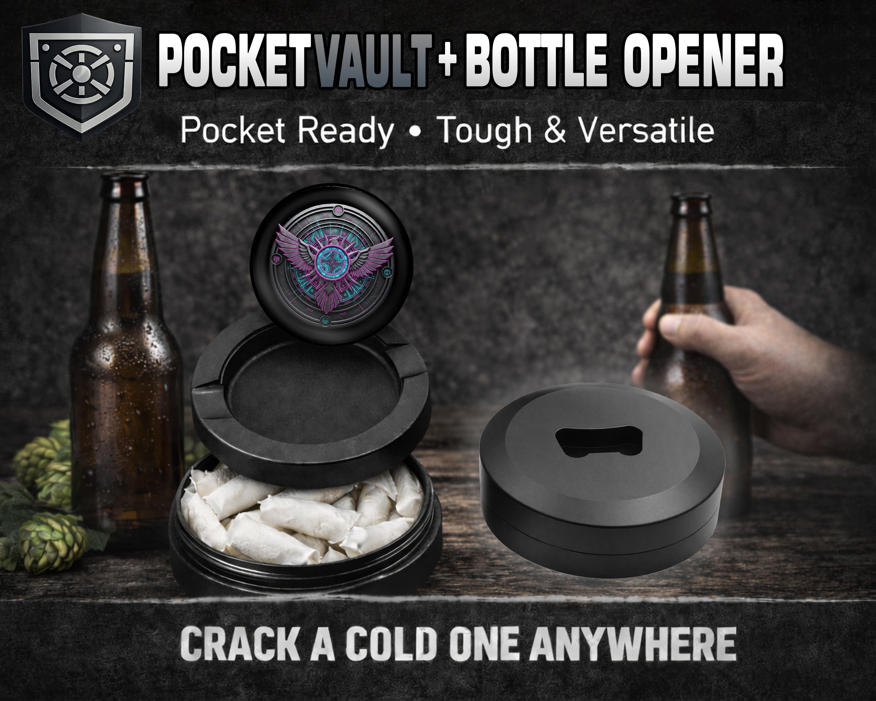 Cyberpunk Winged Circuit Emblem Snus Storage Case Bottle Opener
