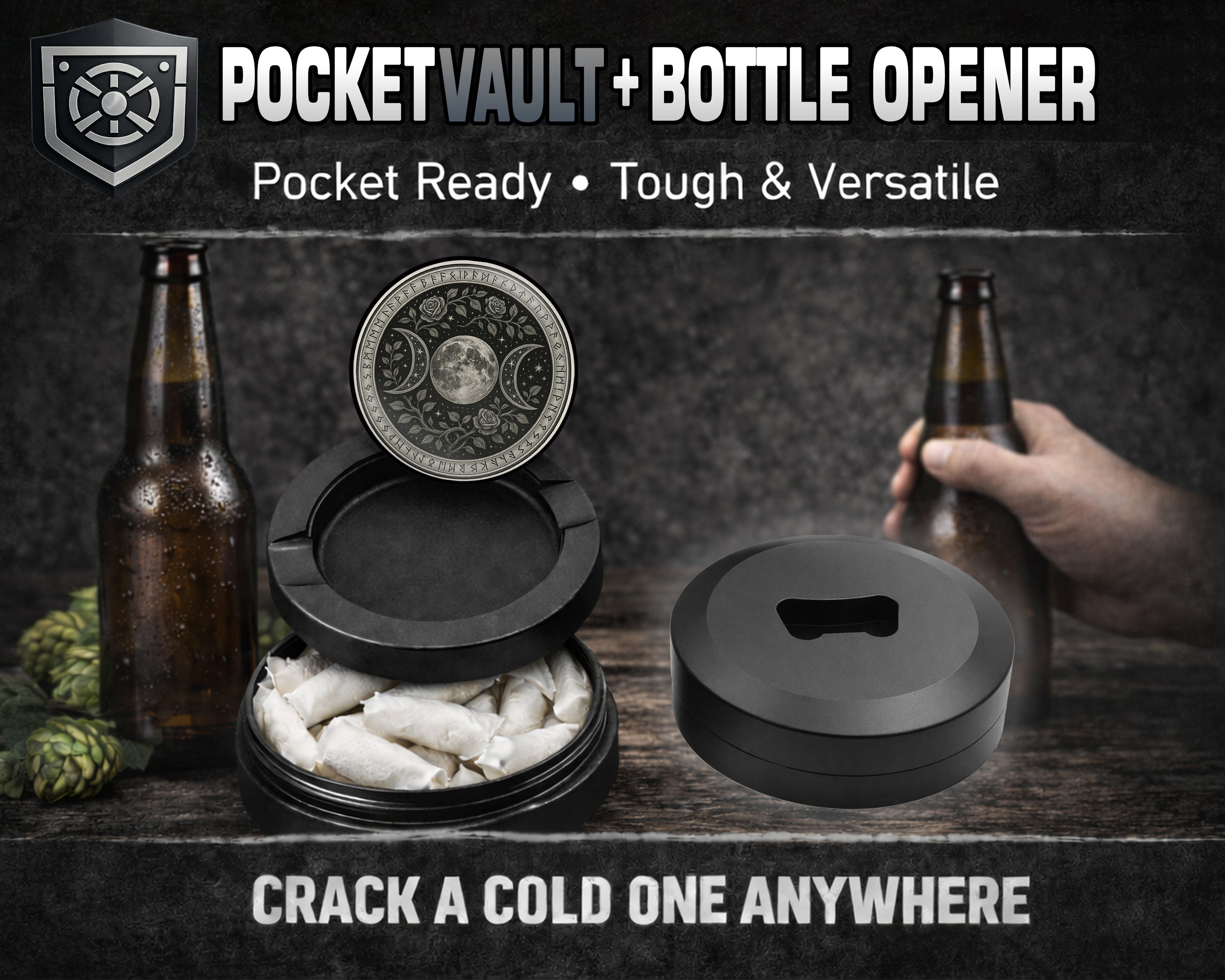 Triple Moon Rose Sigil Snus Storage Case Bottle Opener