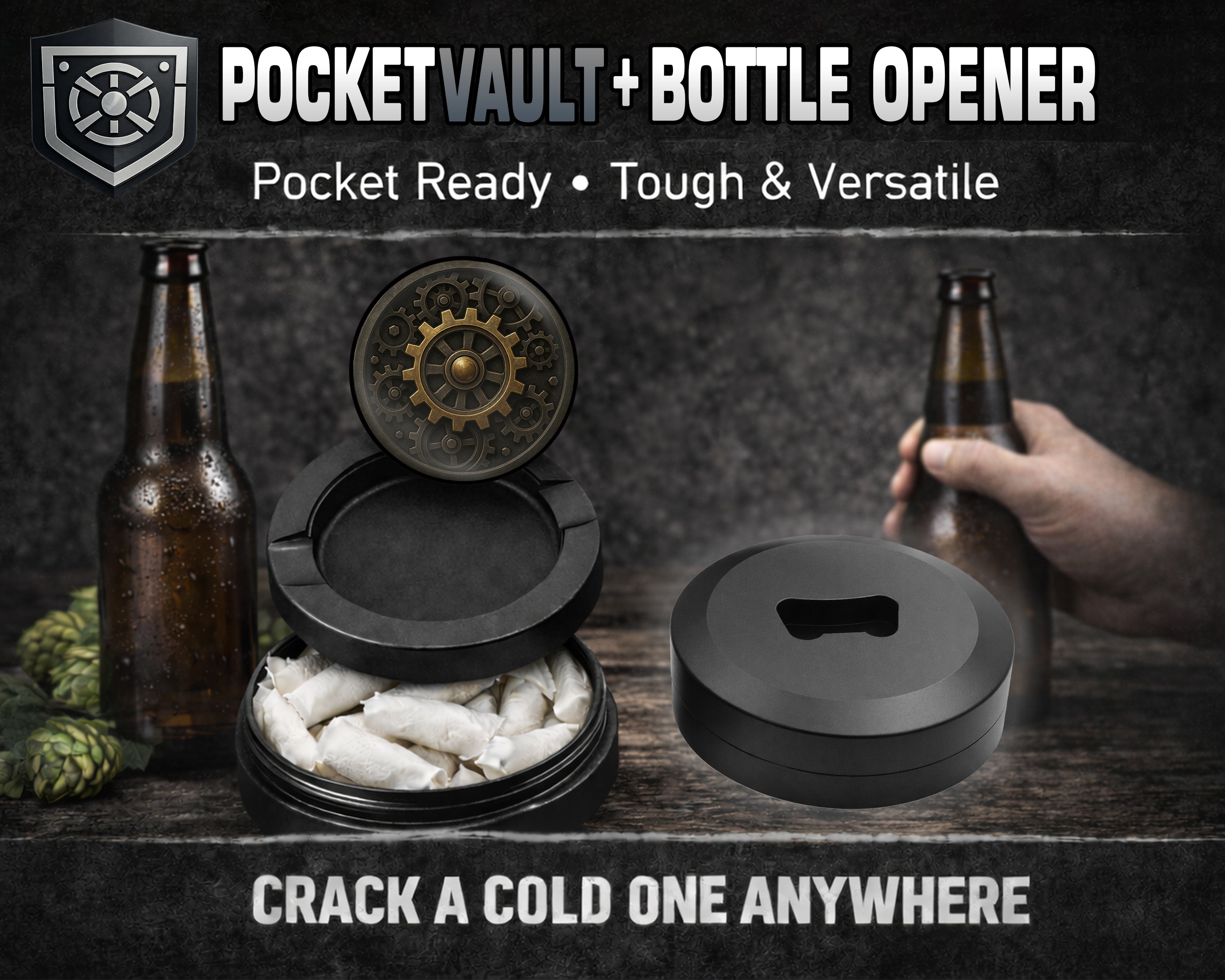 Steampunk Gear Clockwork Circle Art Snus Storage Case Bottle Opener