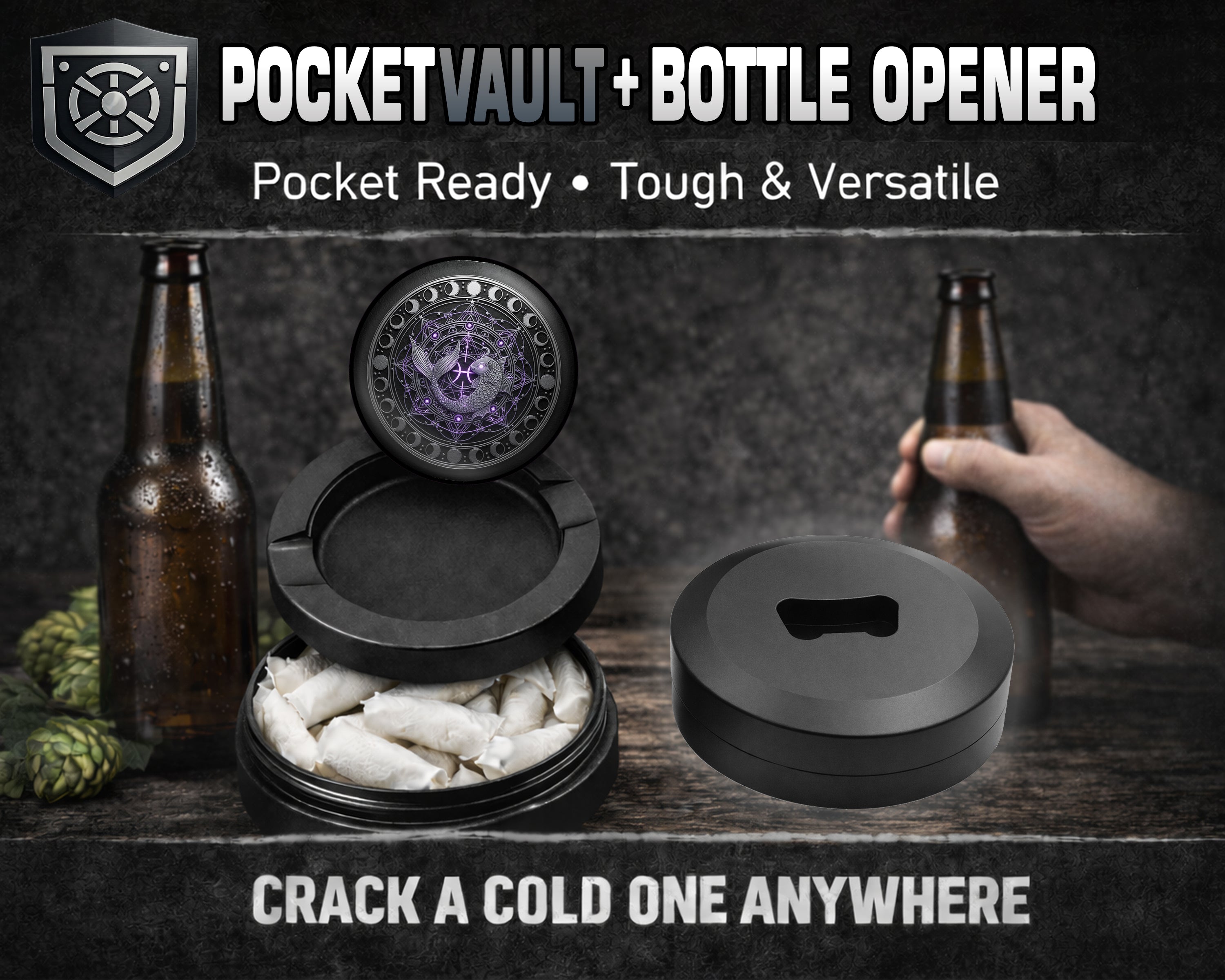 Mystic Pisces Moon Mandala Snus Storage Case Bottle Opener