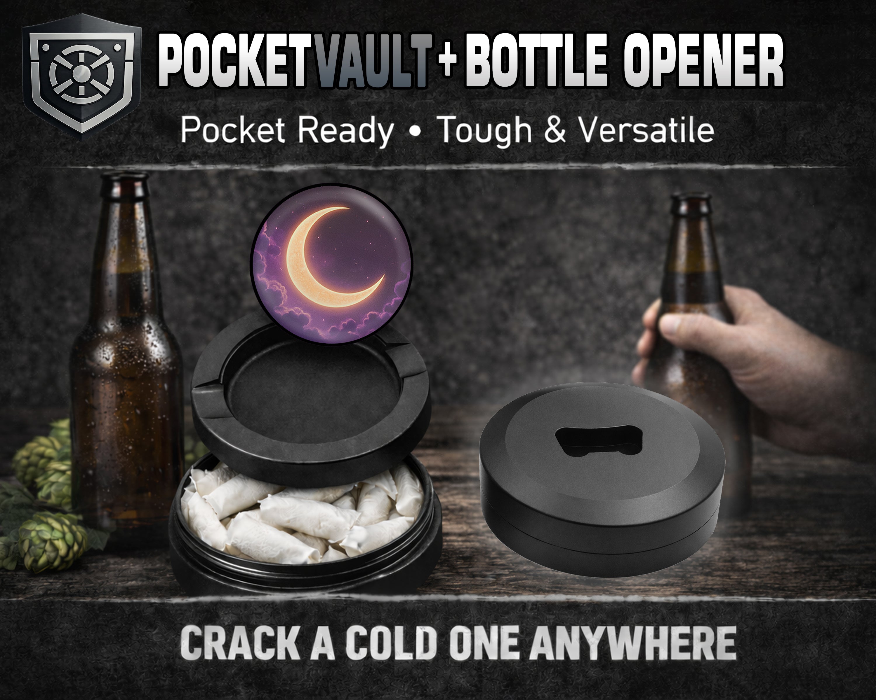Crescent Moon in Dreamy Night Sky Snus Storage Case Bottle Opener