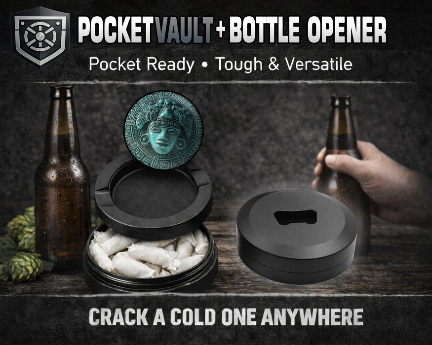 Aztec Turquoise Sun Mask Snus Storage Case Bottle Opener