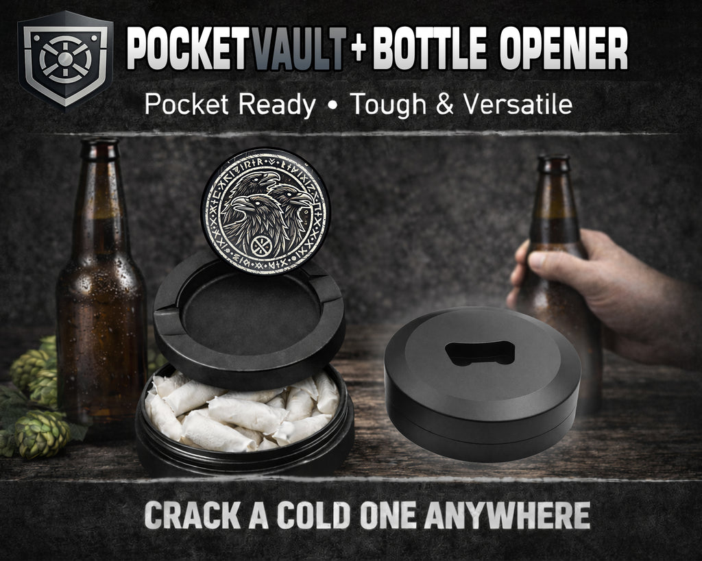 Norse Ravens Snus Holder, Huginn, Muninn, and Jack Snus Storage Case Bottle Opener