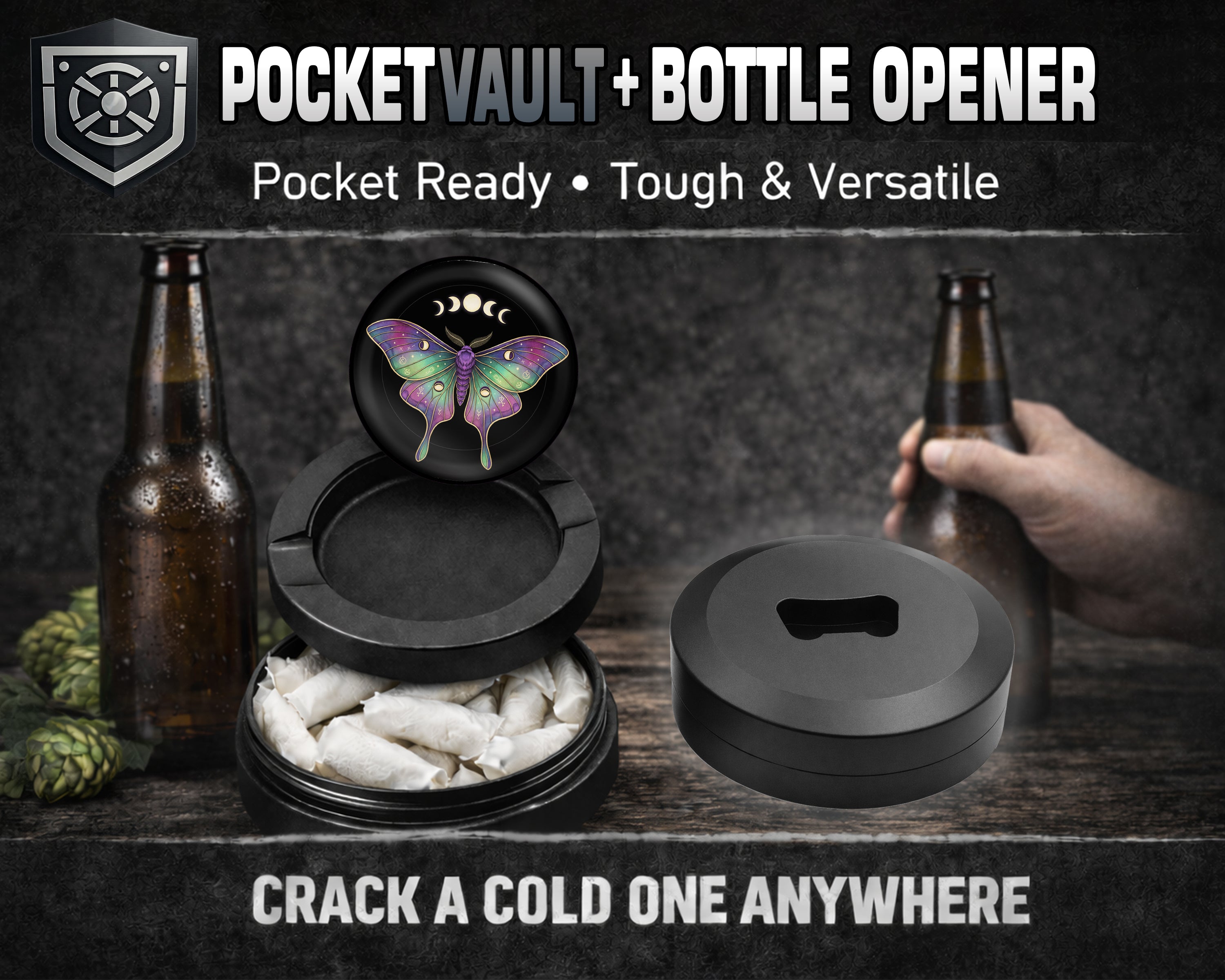 Lunar Phases Cosmic Moth Snus Storage Case Bottle Opener