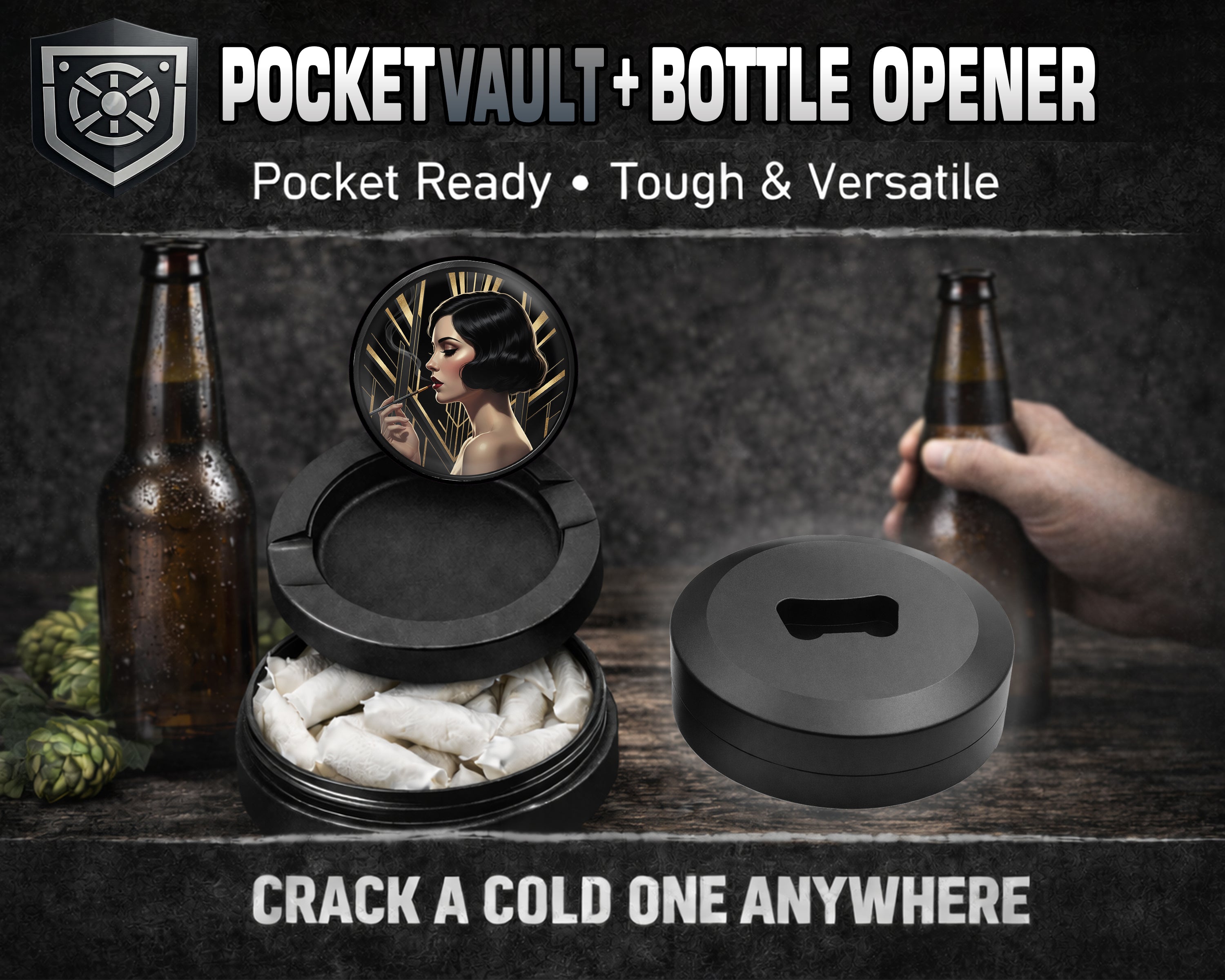 Glamorous Art Deco Flapper Snus Storage Case Bottle Opener