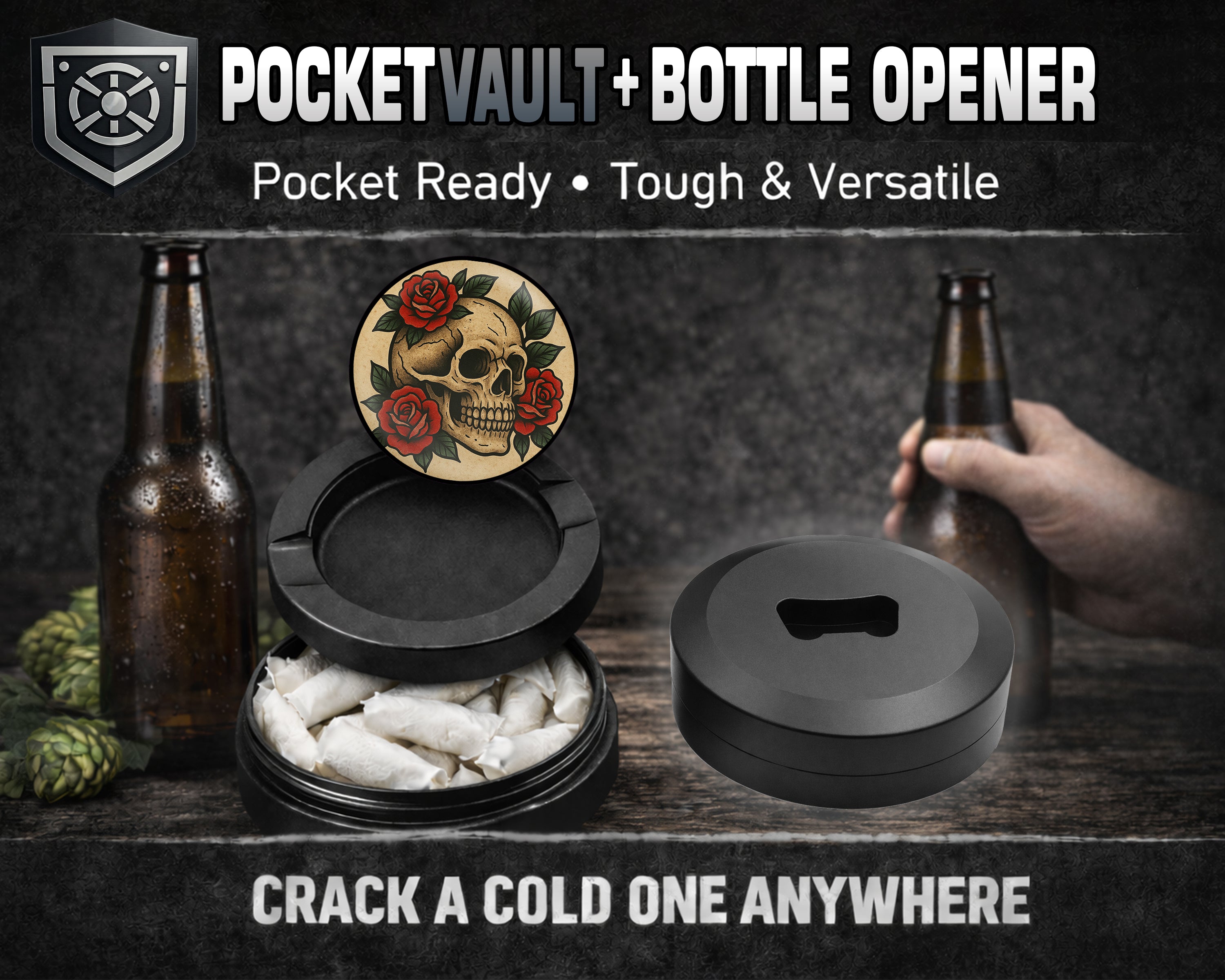 Skull with Red Roses Tattoo Flash Style Snus Storage Case Bottle Opener
