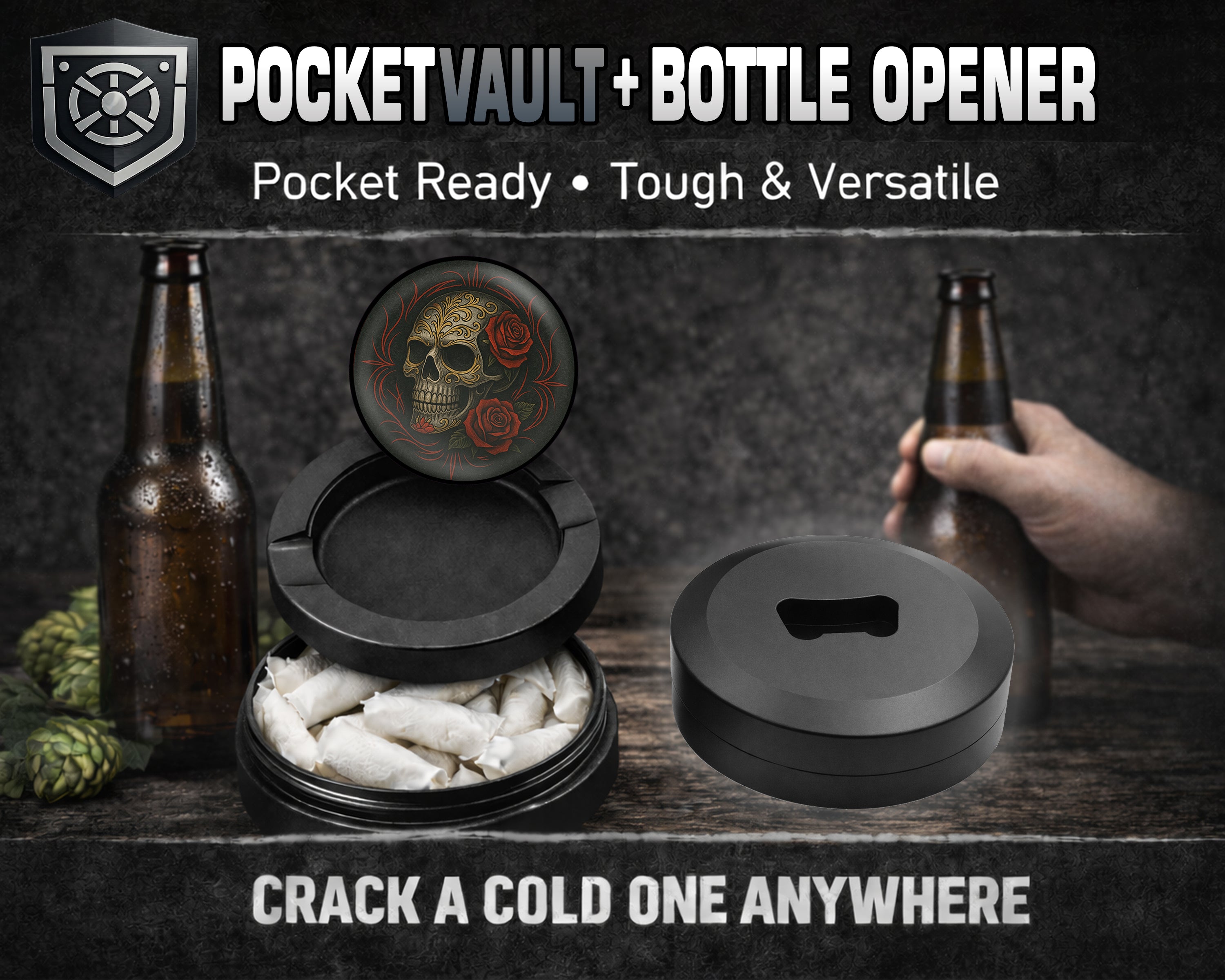 Dark Skull with Red Roses Gothic Ink Style Snus Storage Case Bottle Opener