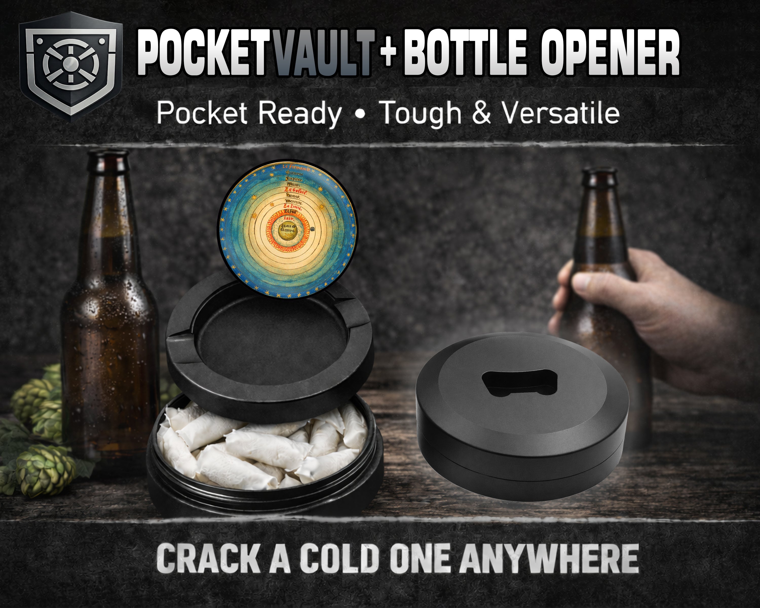 Geocentric Earth-Centered Cosmos Snus Storage Case Bottle Opener