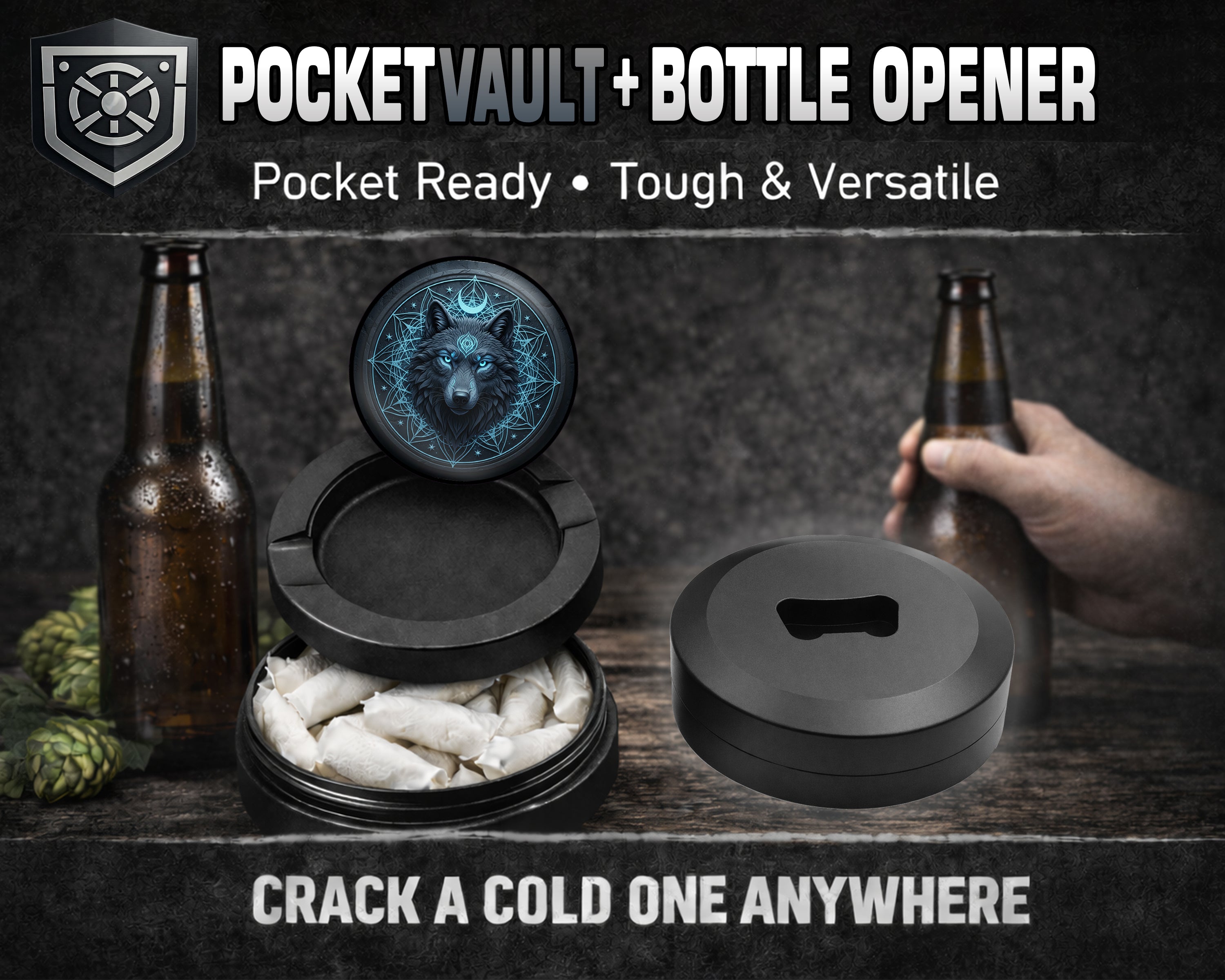 Mystic Lunar Wolf Sigil Snus Storage Case Bottle Opener