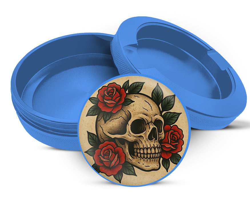 Skull with Red Roses Tattoo Flash Style Snus Storage Case Blue