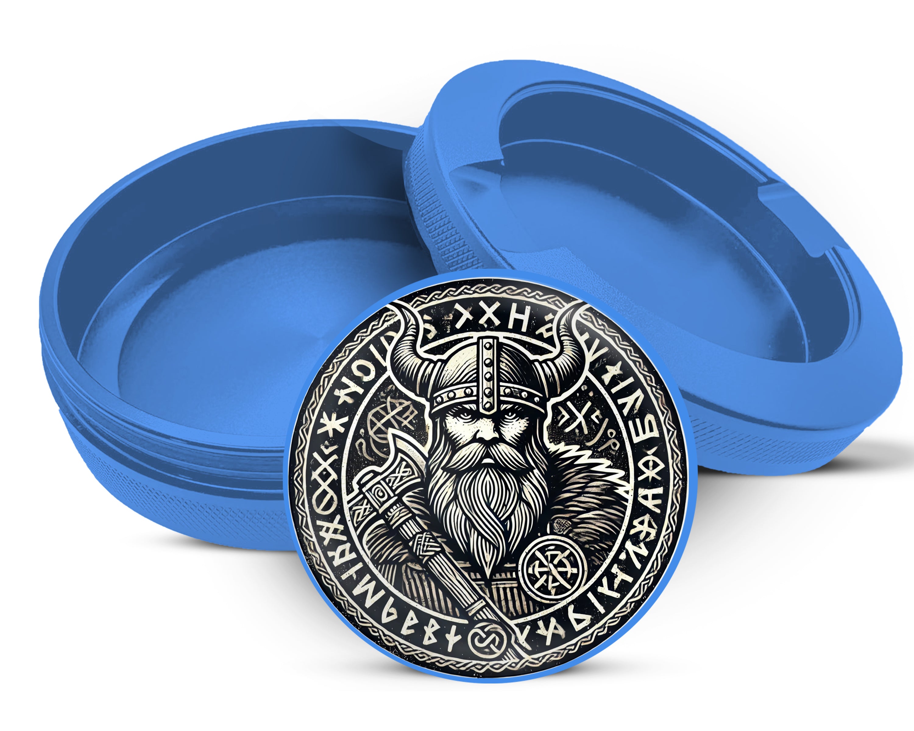 Viking Warrior Axe and Runes Snus Storage Case Blue