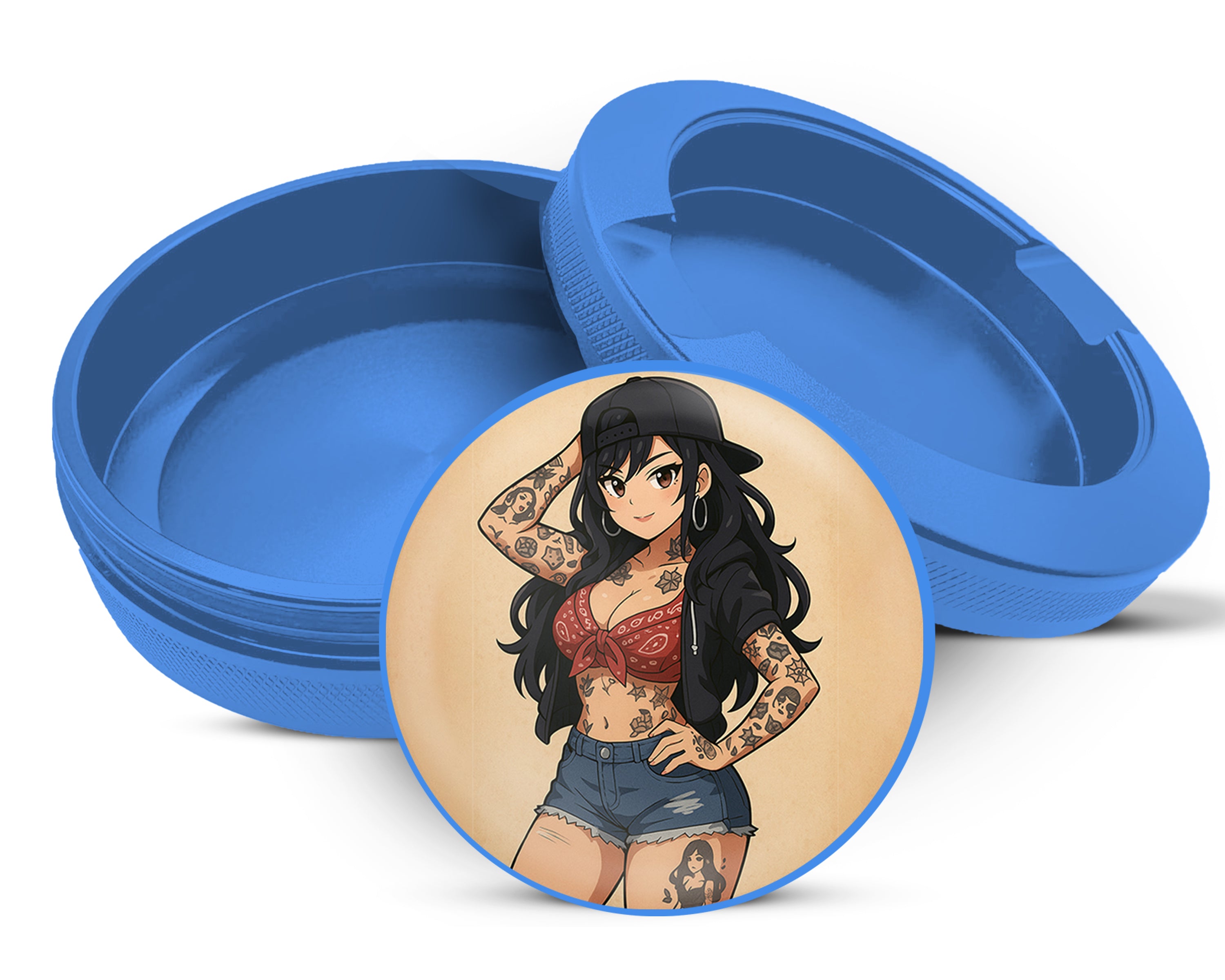 Anime Retro Pin-Up Girl with Long Hair and Tattoos Snus Storage Case Blue