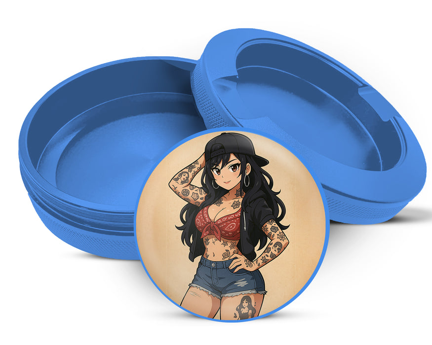 Anime Retro Pin-Up Girl with Long Hair and Tattoos Snus Storage Case Blue