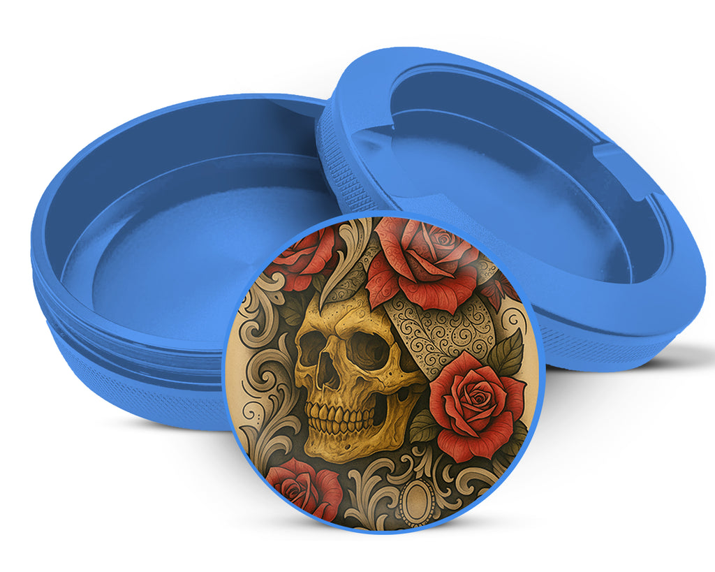 Grunge Skull and Rose Flash Art Circle Design Snus Storage Case Blue