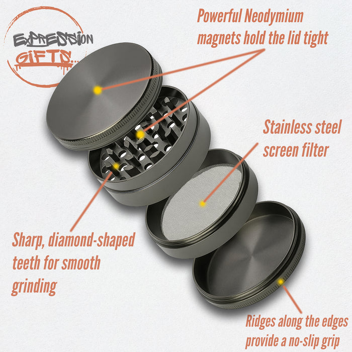 Black Grinder, Black Rubberized Grinder, 2.5 Inch Large Grinder, Soft Matte Grinder, 4 Piece Spice Grinder