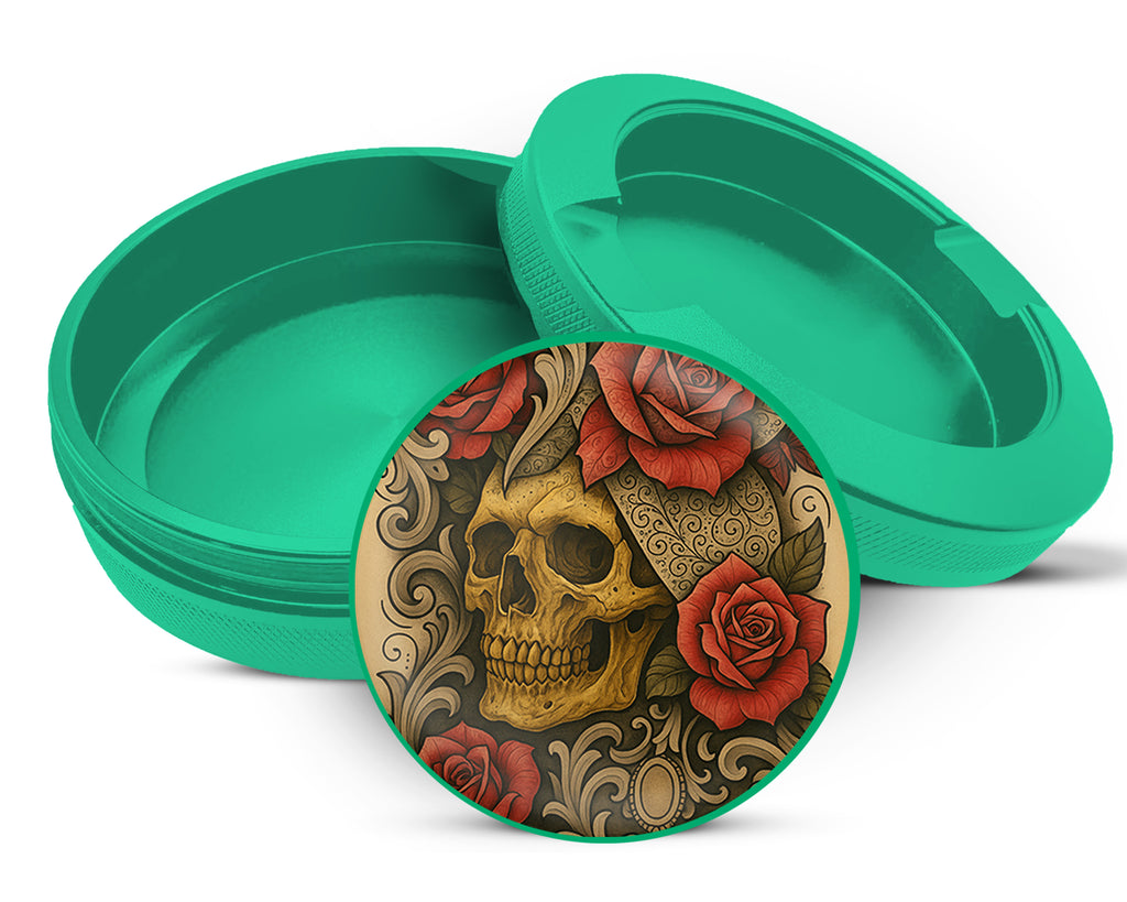 Green Grunge Skull and Rose Flash Art Circle Design Snus Storage Case