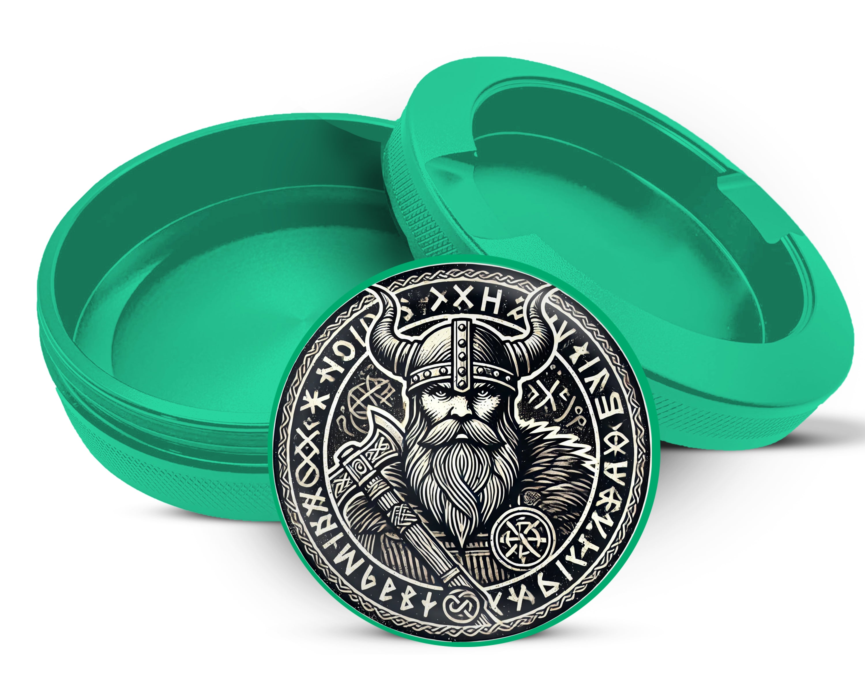 Green Viking Warrior Axe and Runes Snus Storage Case
