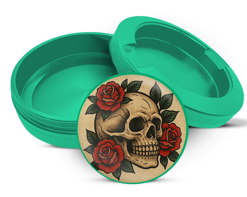 Green Skull with Red Roses Tattoo Flash Style Snus Storage Case