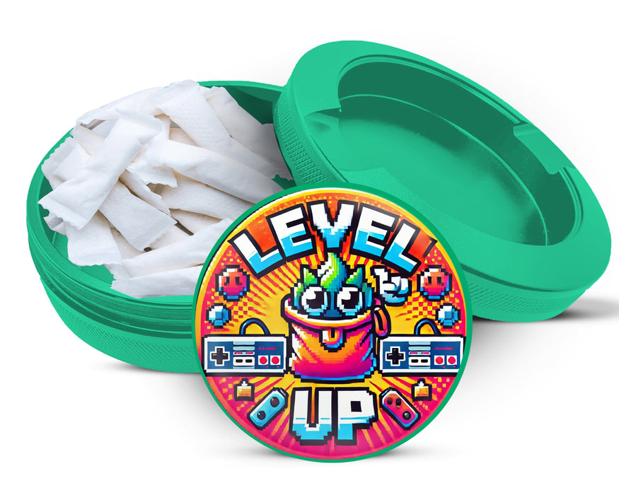 Green LEVEL UP Gamer Snus Holder, 8-Bit Retro Zyn Storage Case