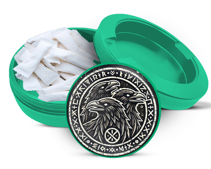 Green Norse Ravens Snus Holder, Huginn, Muninn, and Jack Snus Storage Case