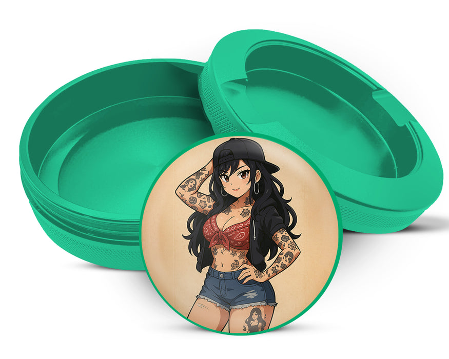 Green Anime Retro Pin-Up Girl with Long Hair and Tattoos Snus Storage Case
