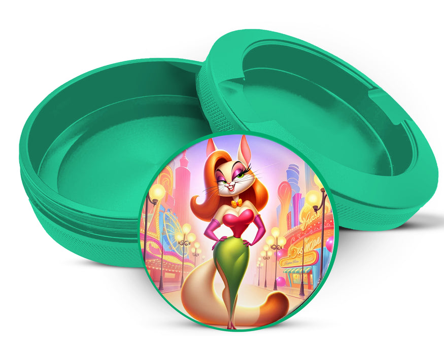 Green Jessica Rabbit as a Cat Grinder, Bombshell Feline Animated Snus Storage Case