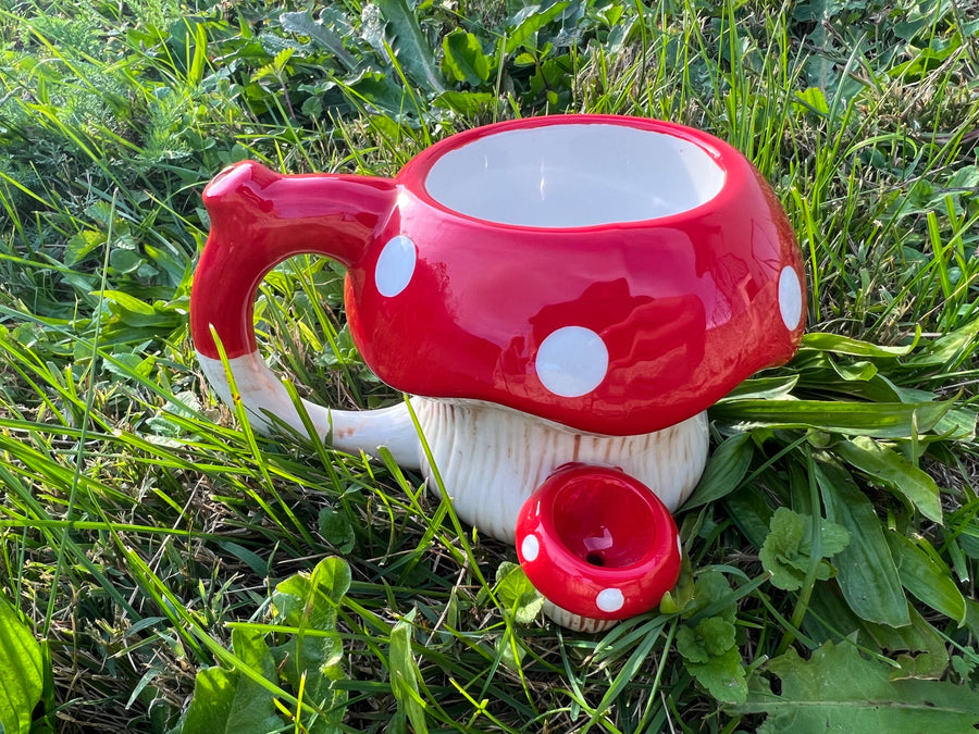 Mystic Mushroom Ceramic Mug | Dual-Chamber Novelty Drinkware with Sculpted Handle Design