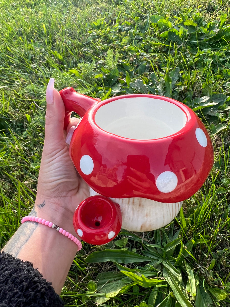 Mystic Mushroom Ceramic Mug | Dual-Chamber Novelty Drinkware with Sculpted Handle Design