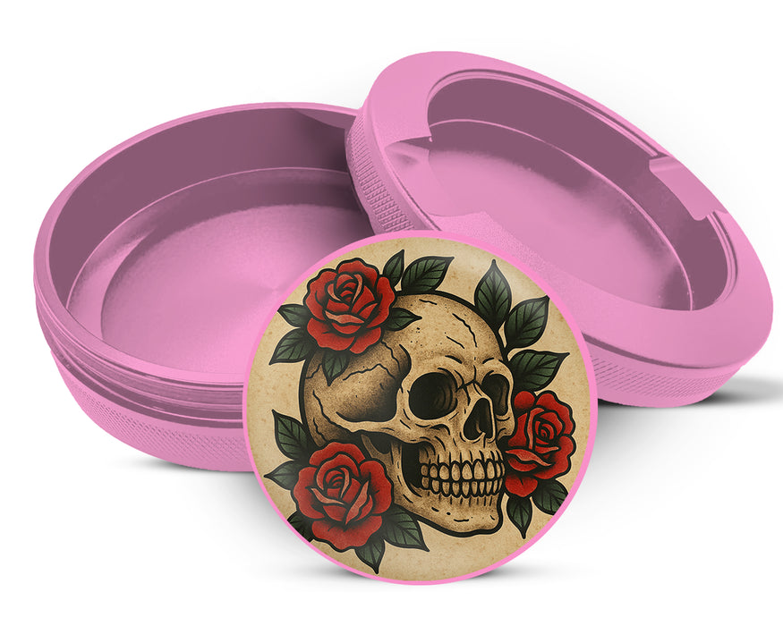 Skull with Red Roses Tattoo Flash Style Snus Storage Case Pink