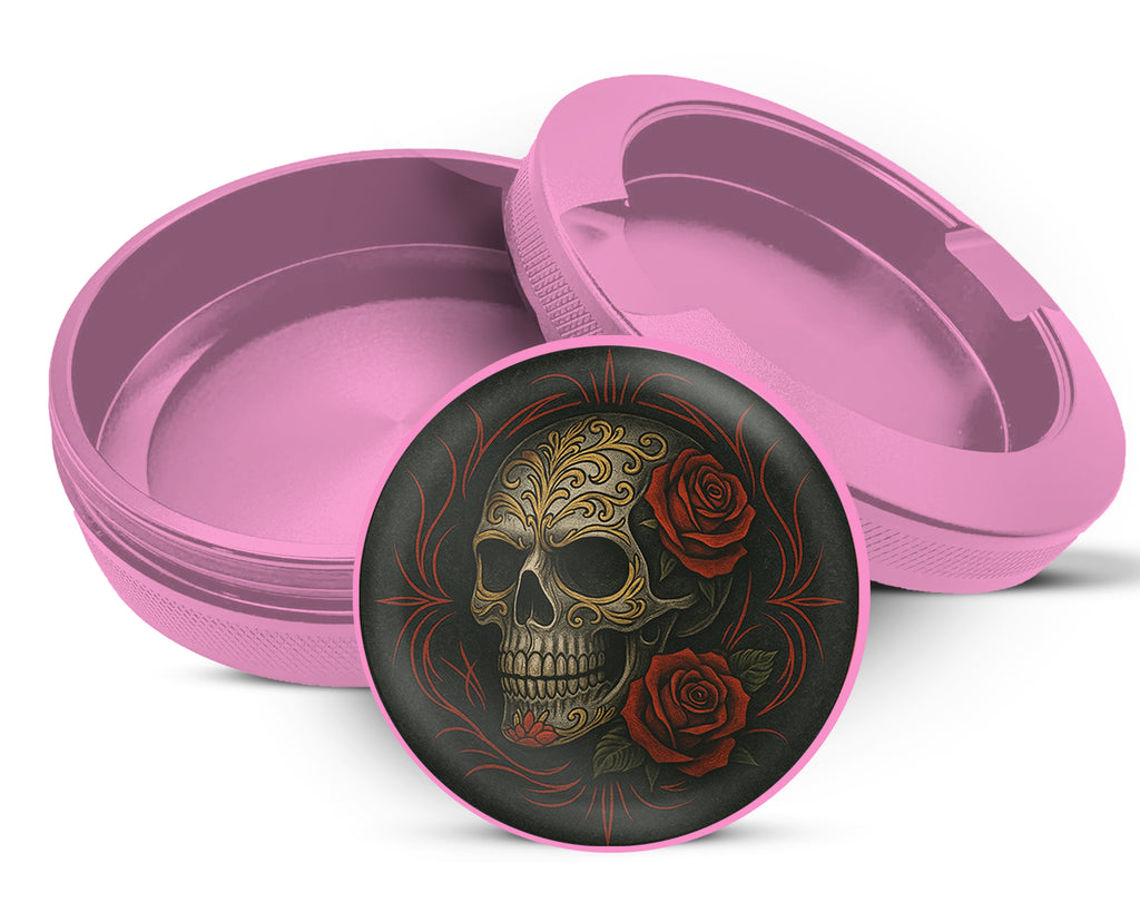 Dark Skull with Red Roses Gothic Ink Style Snus Storage Case Pink