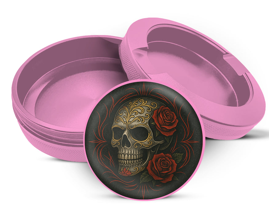 Dark Skull with Red Roses Gothic Ink Style Snus Storage Case Pink