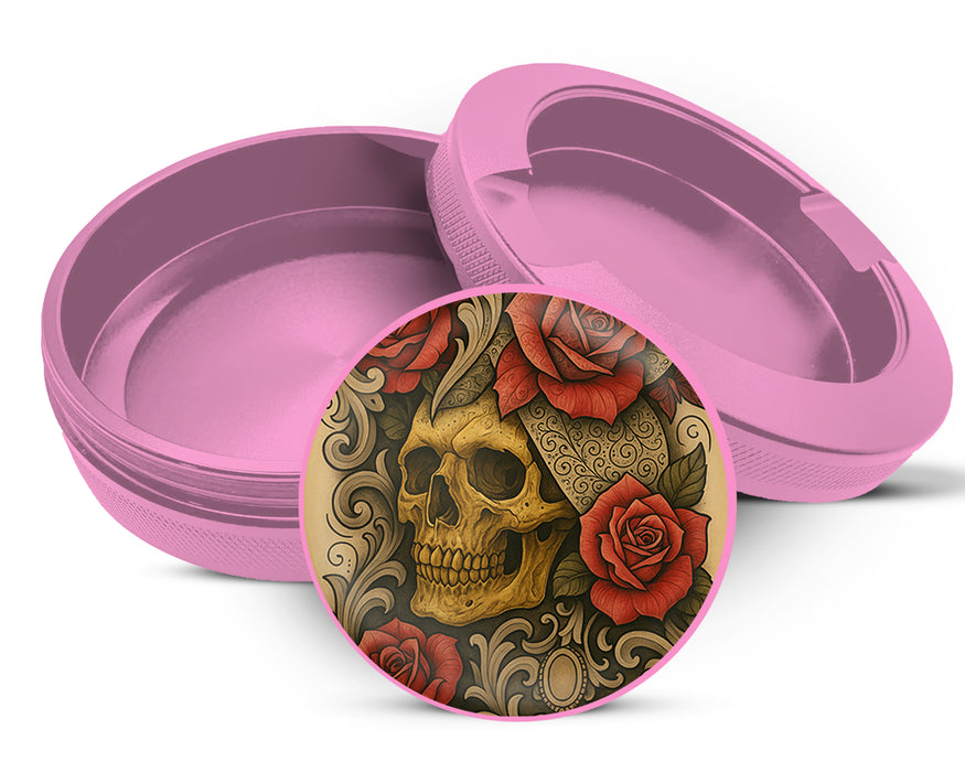 Grunge Skull and Rose Flash Art Circle Design Snus Storage Case Pink