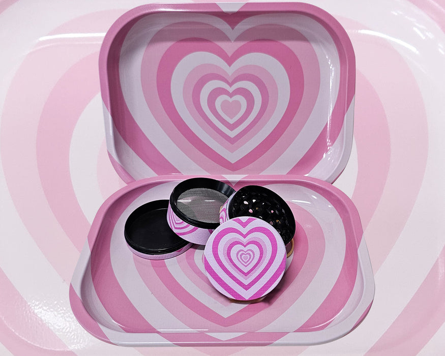 Pink Hearts Grinder And Tray Set, Girly Smoking Accessories, Cute Herb Grinder With Catcher, Holiday Gifts For Her, Rolling Tray Set