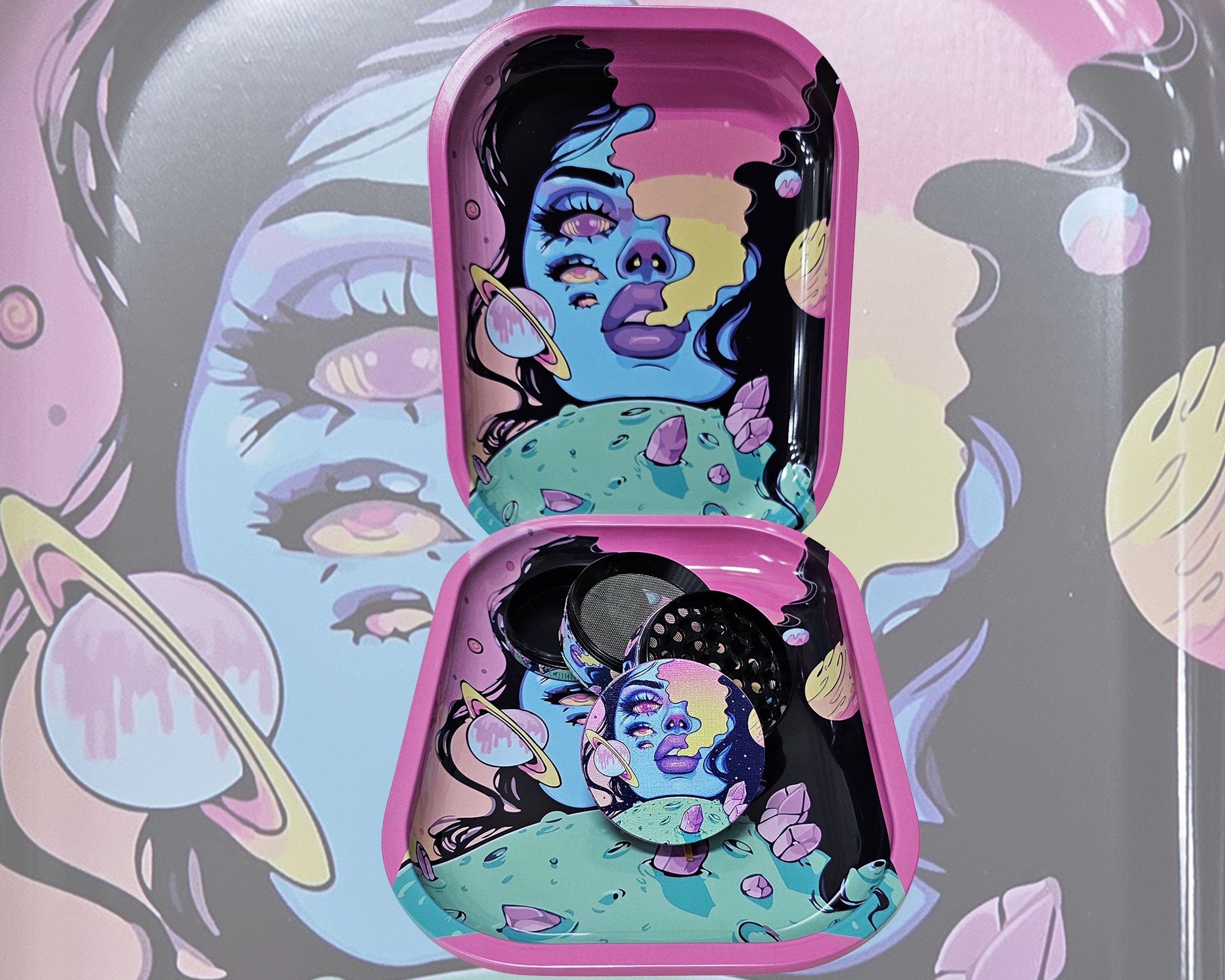 Spaced Out Decorative Tray and Culinary Spice Mill Matching Set, Girly Culinary Spice Mill With Catcher, Best Gifts For Her, Trippy Decorative Accessories