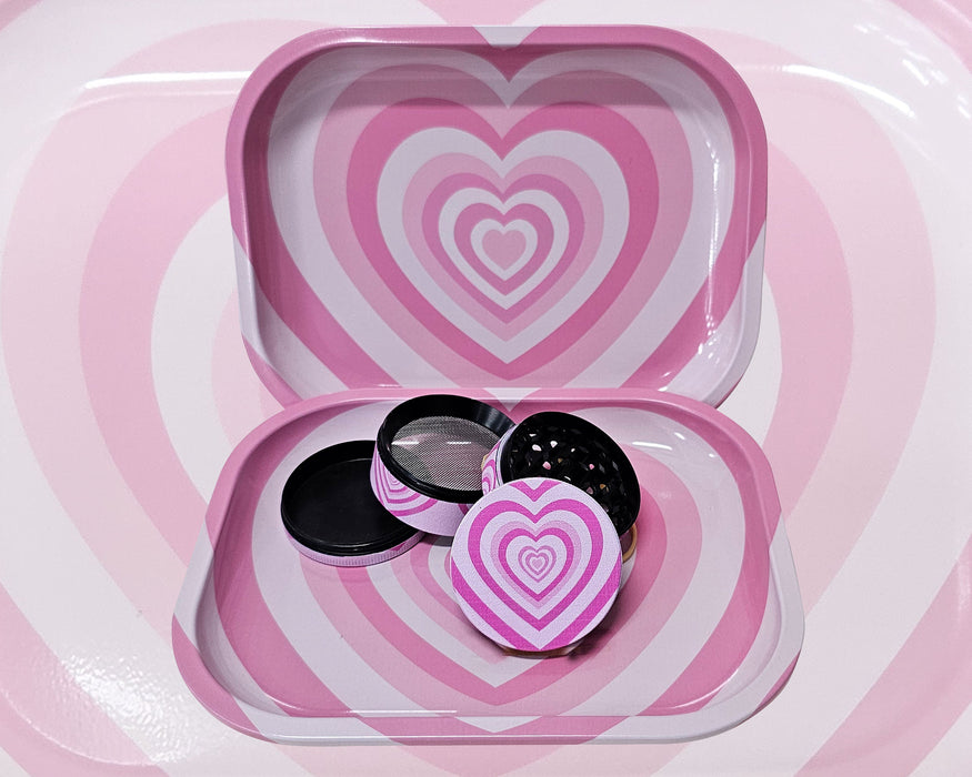 Pink Hearts Grinder And Tray Set, Girly Smoking Accessories, Cute Herb Grinder With Catcher, Holiday Gifts For Her, Rolling Tray Set