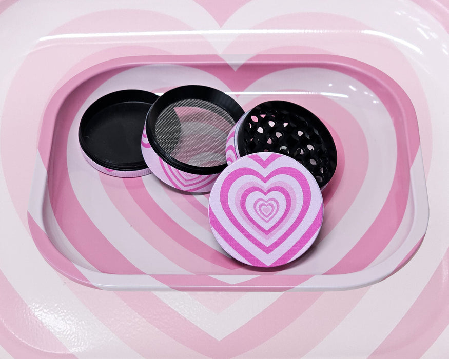 Pink Hearts Grinder And Tray Set, Girly Smoking Accessories, Cute Herb Grinder With Catcher, Holiday Gifts For Her, Rolling Tray Set