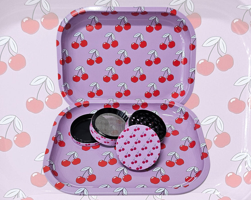 Cute Cherry Smoker Kit, Pink Rolling Tray and Grinder Matching Set, Girly Grinder, Best Gifts For Her, Female Smoking Accessories, Gift