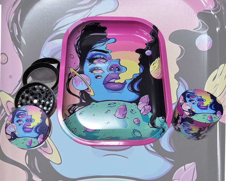 Spaced Out Rolling Tray and Grinder Matching Set, Girly Grinder With Catcher, Best Gifts For Her, Trippy Smoking Accessories, Gift Box